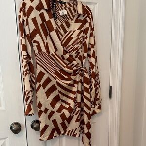 Papermoon Geometric Long Sleeve Dress in Brown and Cream